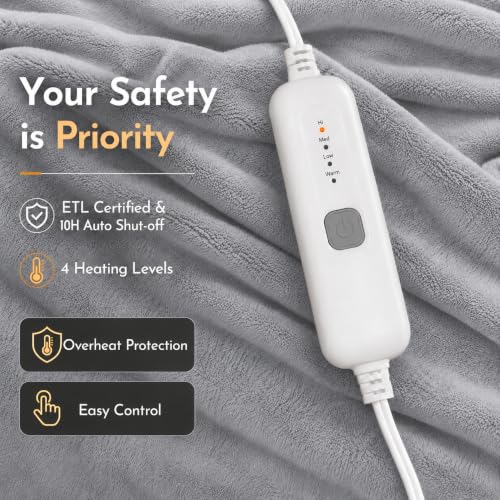 Electric Heated Blanket Full Size 72"x84" - Light Grey, 5 Heat Settings, Auto Shut Off