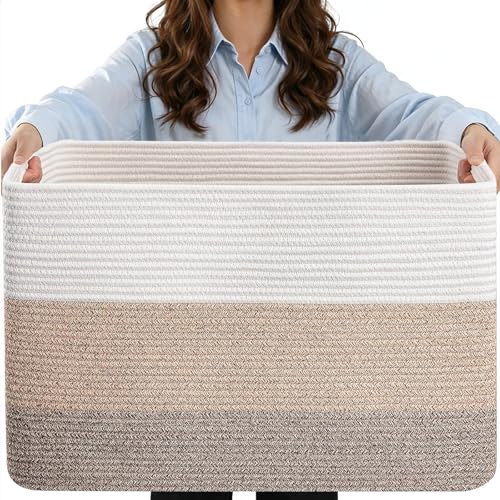 75L Large Rectangle Cotton Rope Laundry Basket, Woven Blanket Storage Bin