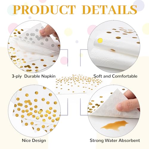 Mealivos Gold Dot 80 Pack White Paper Cocktail Napkins 5x5in 3-Ply Party Supplies