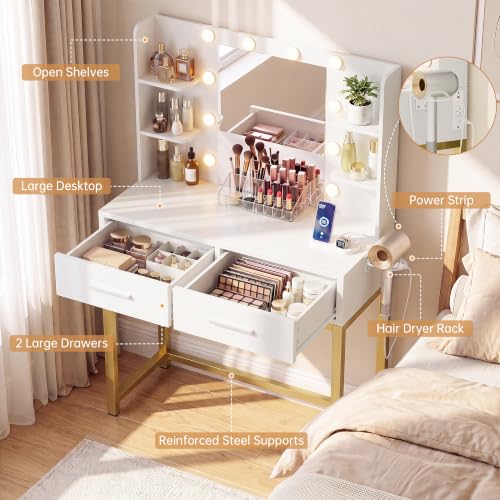 Small Vanity Desk with LED Mirror, Charging Station and Storage Drawers