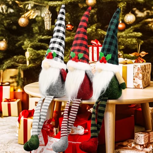 Teeker 3Pcs Christmas Gnomes Decorations – Xmas Swedish Tomte Set, Buffalo Plaid
