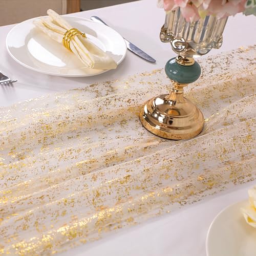 10 Ft Sheer Gold Foil Table Runner, Chiffon Gauze Wedding Table Decor