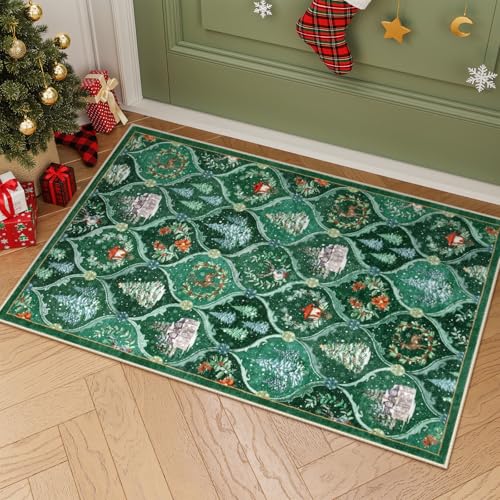 Lahome 2x3 Green Multi Christmas Entryway Rug Non-Slip Faux Wool Vintage Style
