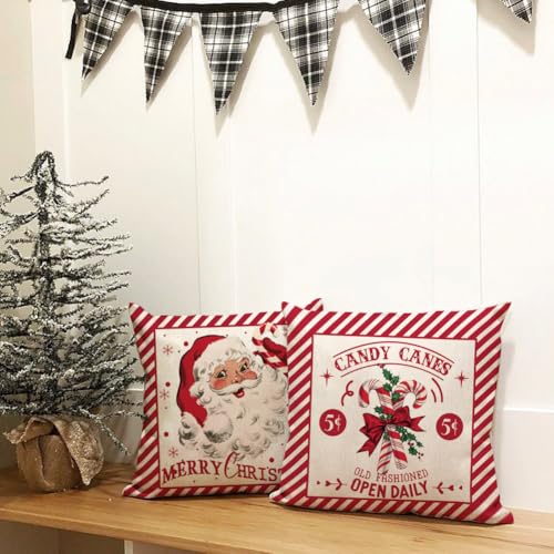 Christmas Throw Pillow Covers 20x20 Set of 2, Santa Claus & Candy Cane - Red Outdoor Indoor