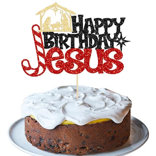 Ephlyn 1Pcs Happy Birthday Jesus Cake Topper - Glitter Nativity Theme (Black Red-7)