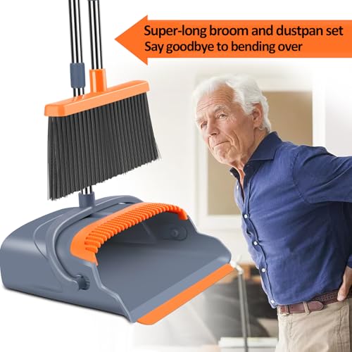 Kelamayi Upgraded Broom and Dustpan Set with Long Handle and Self-Cleaning Teeth