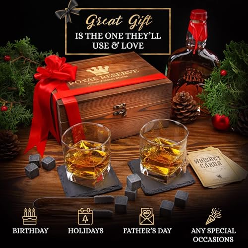 Royal Reserve Whiskey Glass Set with Classic Glasses and Chilling Rocks - Gift for Men & Dad