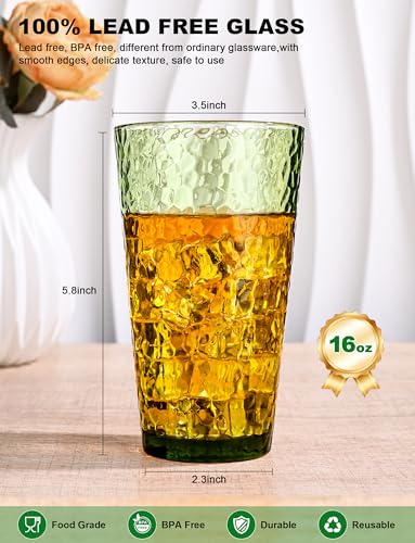 Amyoole Green 16oz Hammered Highball Drinking Glasses Set of 8 - Dishwasher Safe