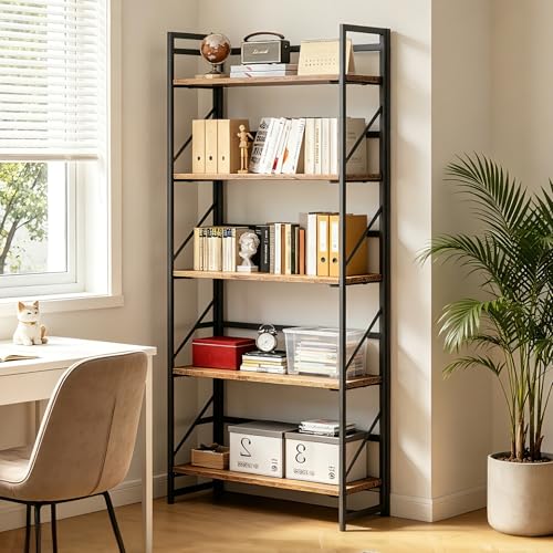 5-Tier Foldable Bookshelf, Industrial Metal and Wood Storage Shelf