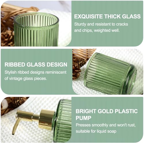 4-Piece Green Glass Bathroom Accessory Set, Vintage Ribbed Soap Dispenser