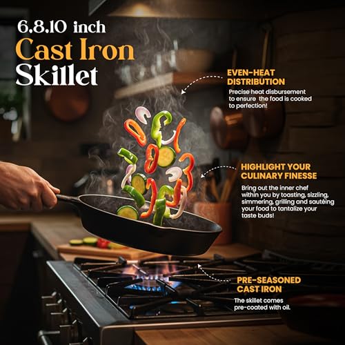 Pre-Seasoned Cast Iron Skillet Set - 3-Piece (6, 8 & 10 Inch) Oven Safe Pans