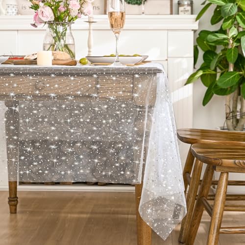 Horaldaily White Silver Star Gauze Tablecloth 60x140 Inch Rectangular Home Decor