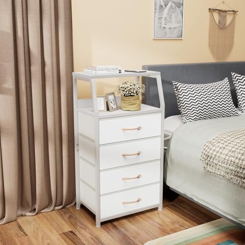 Tall Nightstand with 4 Fabric Drawers & Wood Top - Bedside Dresser