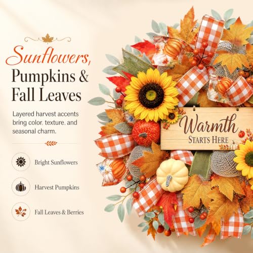 22-Inch Lighted Fall Wreath with Pumpkin, Sunflowers and Removable Sign