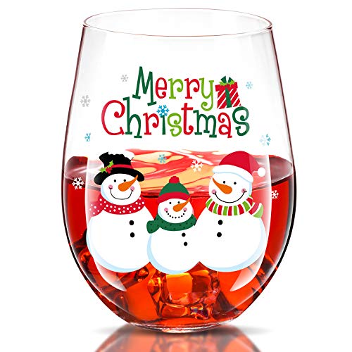 Patelai 17 oz Merry Christmas Snowman Stemless Wine Glass – Funny Xmas Gift for Friends & Family
