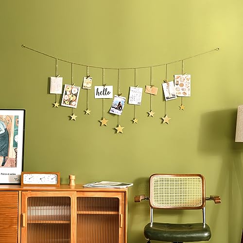 Boho Hanging Photo Display with Gold Star Garland and 25 Wood Clips