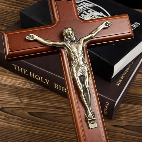 12-Inch Wooden Crucifix Wall Cross with Antique Brass Jesus Corpus