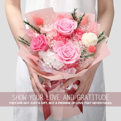 Preserved Pink Rose Bouquet with I Love You Necklace Gift Set