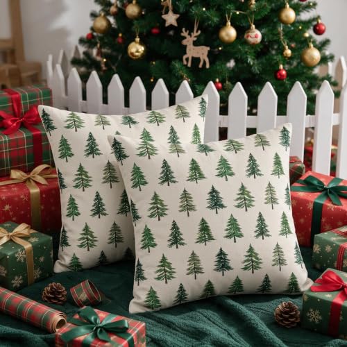 Sivirary 18x18 Inch Green Cream Christmas Tree Pillow Covers Set of 2 - Winter Holiday Decor