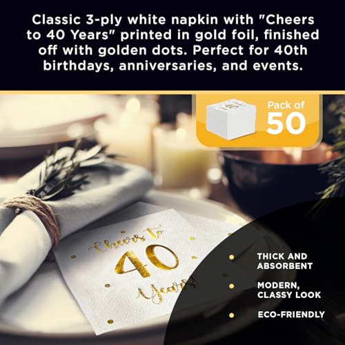 Happy Palace White Cheers to 40 Years Cocktail Napkins - 50 Pack, 3-Ply, 5x5 inch