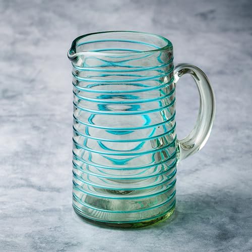 Mexican Handblown Glass Pitcher with Aqua Swirl - Eco-Friendly, Lead-Free, Dishwasher Safe