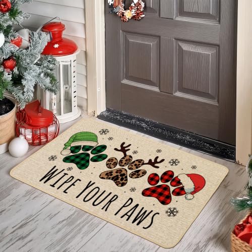 Baccessor Christmas Doormat 17x29 Inch Buffalo Plaid Dog Paws Farmhouse - 3 Dog Paws Variant