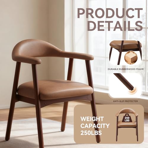 Upholstered Leather Dining Chairs with Armrests, Set of 4, Brown
