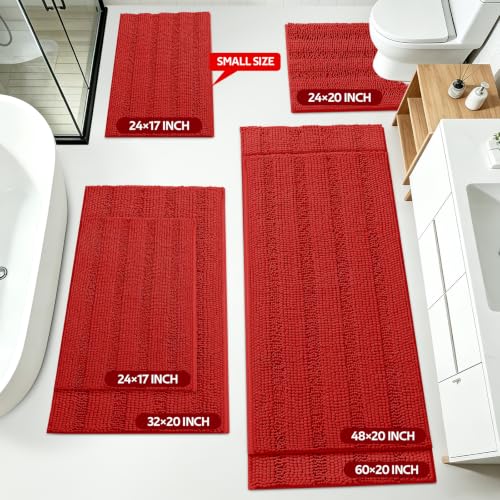 ACCUMTEK Red Christmas Striped Bathroom Rug Set 3 Pieces, Thick Chenille Non-Slip Mats, 2'8"x1'8" + 2'x1'5" U-Shape