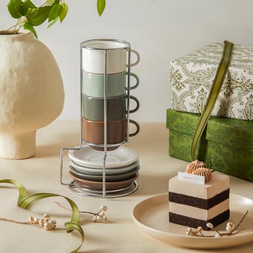 Sweese 2.5oz Espresso Cups Set of 4 with Saucers & Metal Stackable Stand - Earthy Spectrum