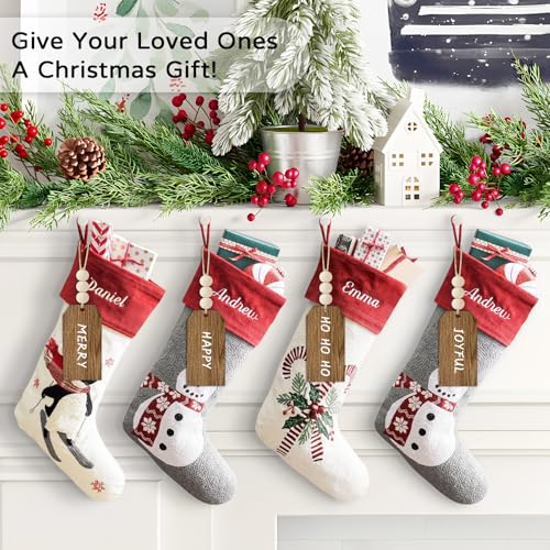 LIKAJON 12Pcs Christmas Stocking Name Tags - Wood Grain Unfinished DIY Gift Tags