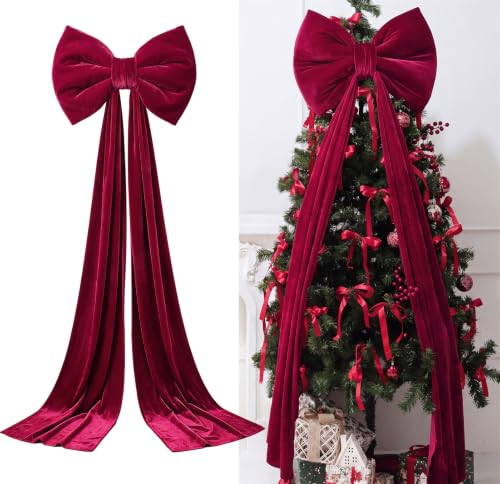 Large Red Velvet Christmas Tree Topper Bow with Long Tails