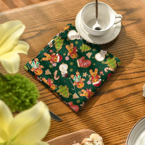 Horaldaily 18 x 18 Inch Gingerbread Napkins Set of 8 - Reusable Green Holiday Table Linen