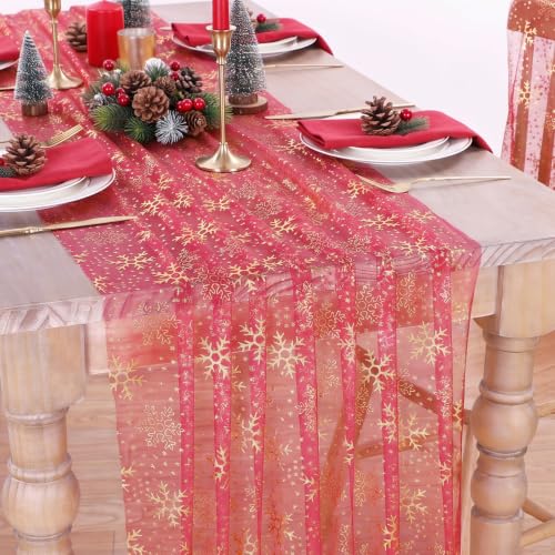 Christmas Table Runner Snowflake Gauze Glitter Foil 29x120in 3pc - Red Gold