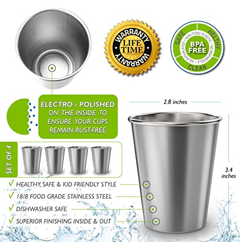 Stainless Steel Kids Cups 8 oz - Unbreakable Metal Drinking Glasses (4-Pack)