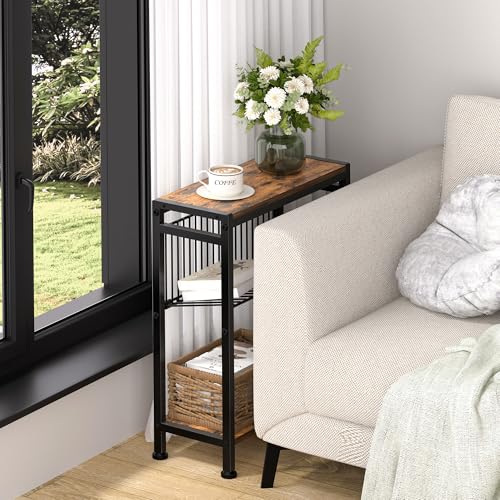 3-Tier Narrow Side Table with Magazine Holder - Slim End Table for Small Spaces