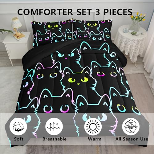 Cute Cat Comforter Set - Twin Size 3-Piece Bedding for Kids and Teens