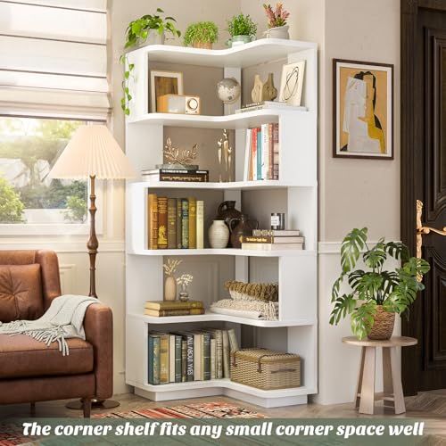 6-Tier L-Shaped Corner Bookshelf, Freestanding Wood Display Storage Stand