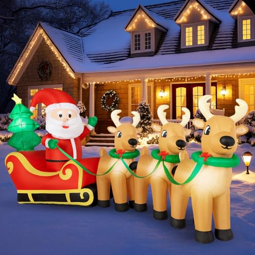 12FT Christmas Inflatable Santa Reindeer Yard Decoration with LED Lights