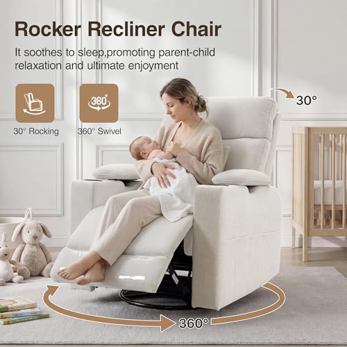 Oversized 360° Swivel Rocker Recliner Chair with Cup Holder & Headrest