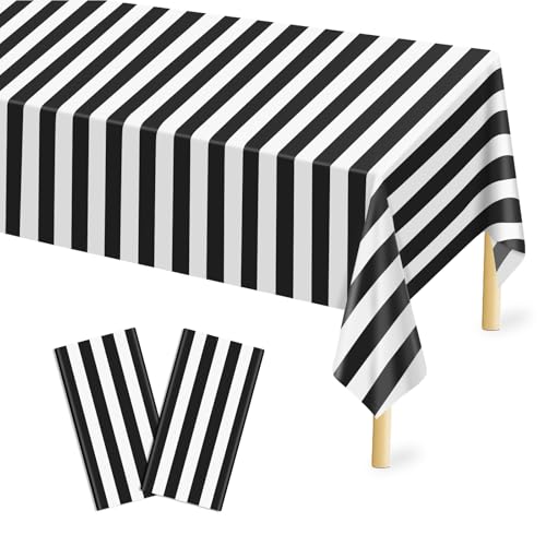 Mulbozy Black & White Stripe Tablecloth 54x108 in, 2 Pack – Disposable Plastic Table Cover