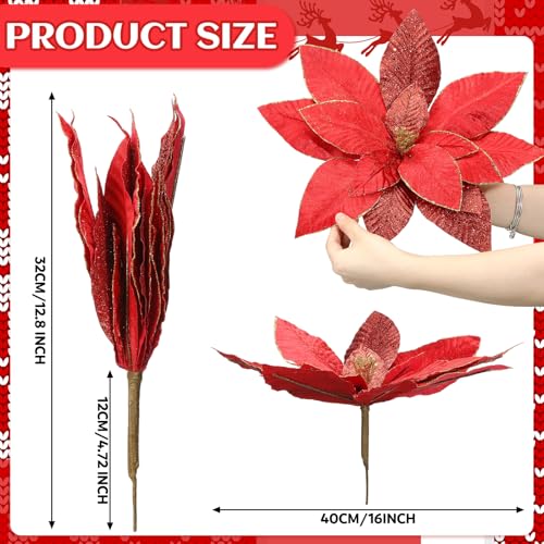 Cinnvoice 4pcs 16'' Red Poinsettia Christmas Tree Artificial Flowers (Glitter Accent)
