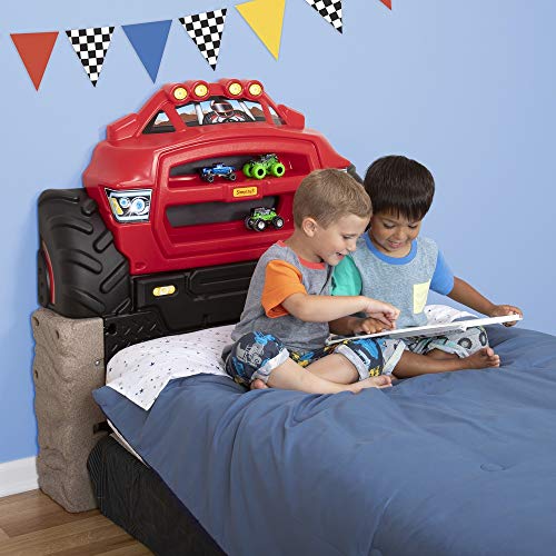 Monster Truck Twin Bed Headboard for Kids with Toy Car Storage - Red