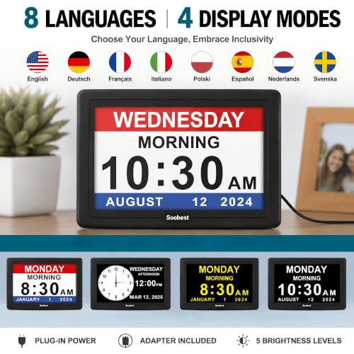 7 Inch HD Digital Day Calendar Clock for Seniors Elderly with 20 Alarms