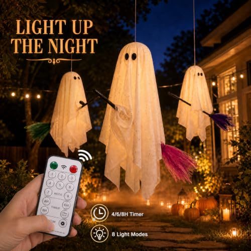 3-Pack Light-Up Hanging Halloween Ghosts on Brooms - Yard & Porch Decor