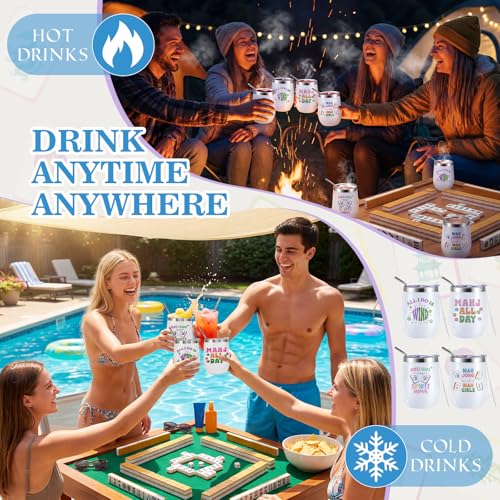 Cute Mahjong Wine Tumbler Set - 4 Pack 12oz Stainless Steel Cups for Women & Men