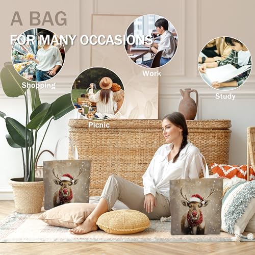Reindeer Christmas Canvas Tote Bag for Women Holiday Gift Shopping & Travel