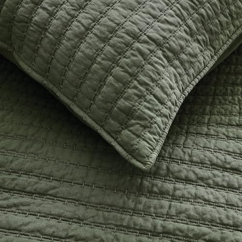 WDCOZY 100% Cotton Queen Quilt Set - Olive Green Striped Bedspread (3 Piece)