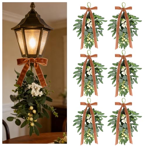 6-Piece Artificial Eucalyptus Teardrop Swags, 12-Inch Farmhouse Wall Decor