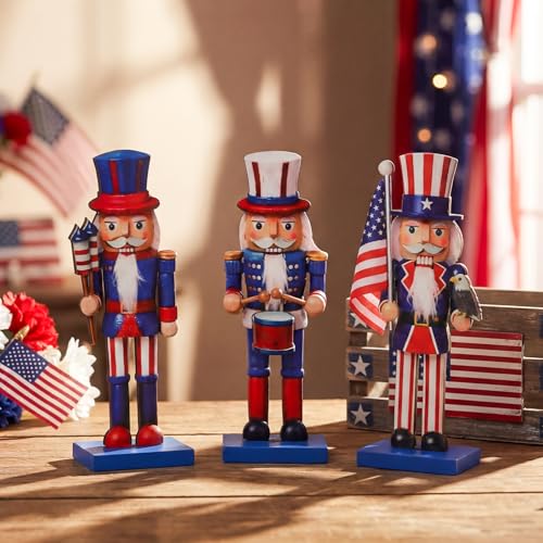 3-Piece Patriotic Wooden Nutcracker Figures - 7 Inch Red & Blue Tabletop Decor