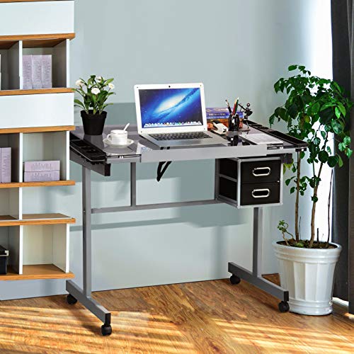 Adjustable Glass Drafting Table with Storage Drawers and Side Trays